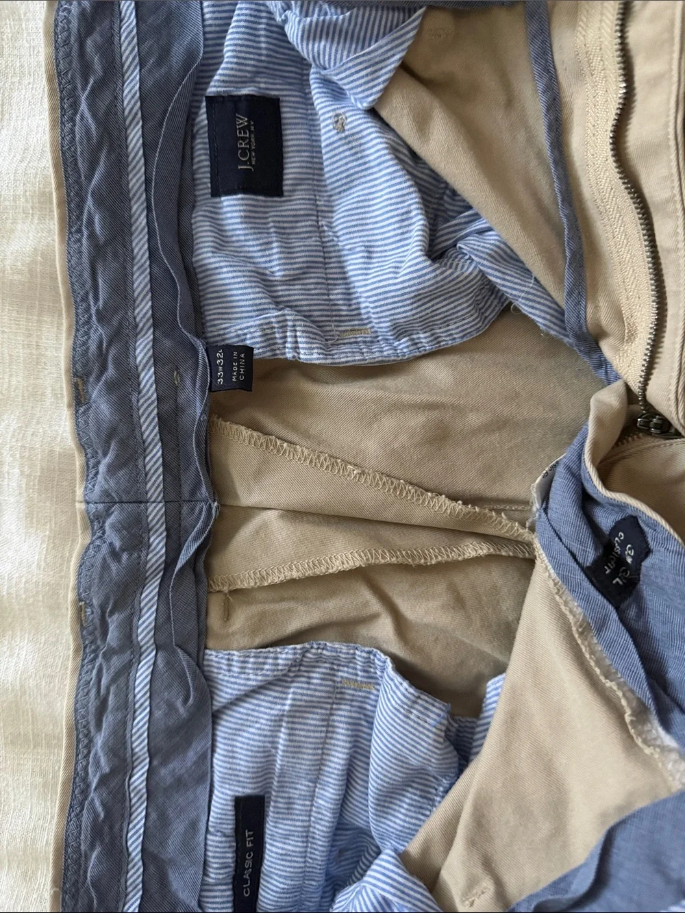 J. Crew Men’s Tan Chinos with Blue Stripe Lining